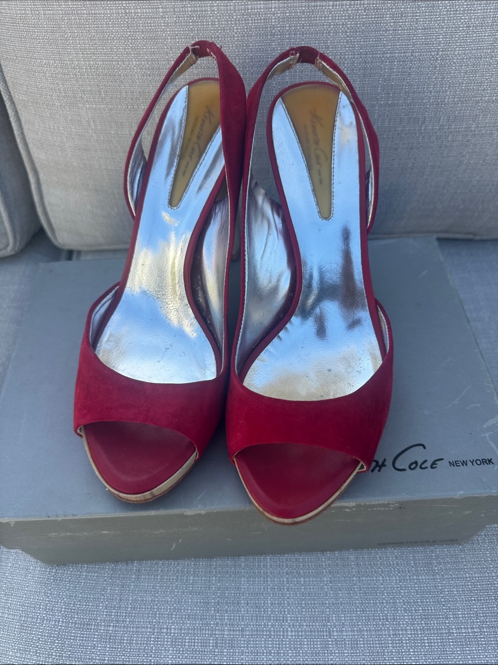 Kenneth Cole New York Red Suede Peep-Toe Slingback Heels